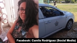 Una patrulla policial en el vecindario donde vive la activista Camila Rodríguez.