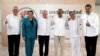 This handout picture released by the Mexican Presidency shows (L-R) Cuban President Miguel Diaz-Canel, Honduran President Xiomara Castro, Mexican President Andres Manuel Lopez Obrador, Haitian Prime Minister Ariel Henry, Colombian President Gustavo Petro