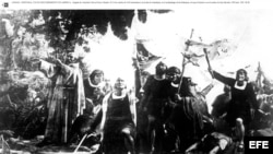 "Primer desembarco de Colón en América", reproducción del óleo de Dióscoro de la Puebla, de 1862.