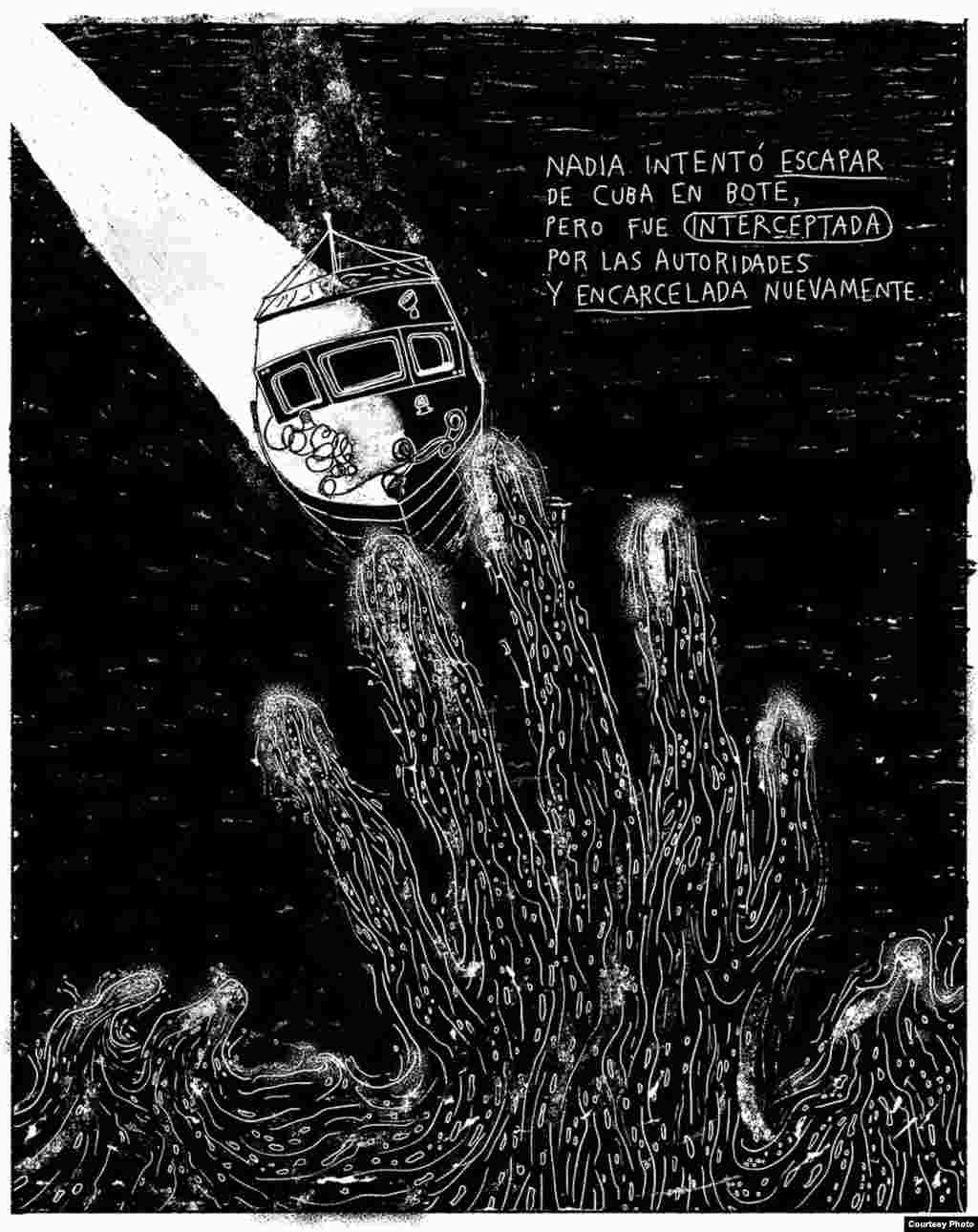 "Nadia", (V) historieta de la serie “Unas vidas cubanas”, del ilustrador mexicano Joan X. Vázquez. Cortesía Amnistía Internacional.