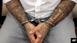 Un miembro de la Mara Salvatrucha (MS-13) detenido en El Salvador en 2019. (AP/Salvador Melendez/Archivo)